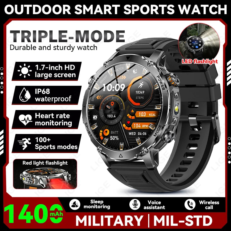 LIGE 2026 Military 1400mAh Battery Smart Watch Men Outdoor Flashlight IP68 Waterproof Heart Rate Bluetooth Call Sports Bracelet