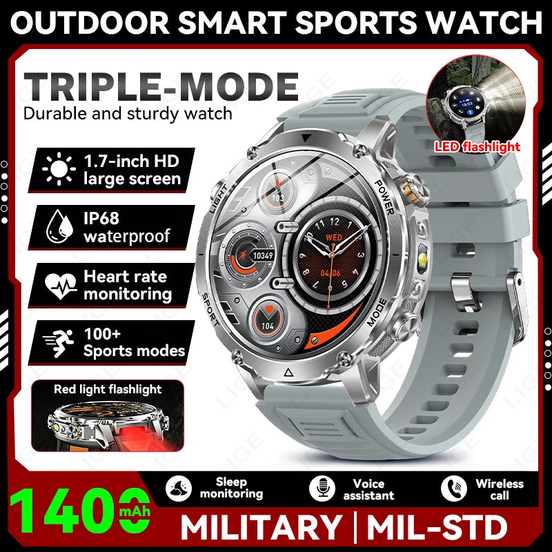 LIGE 2026 Military Smartwatch: IP68 waterproof with a massive 1400mAh battery.