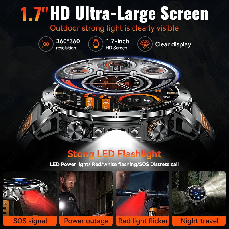 LIGE 2026 Military 1400mAh Battery Smart Watch Men Outdoor Flashlight IP68 Waterproof Heart Rate Bluetooth Call Sports Bracelet