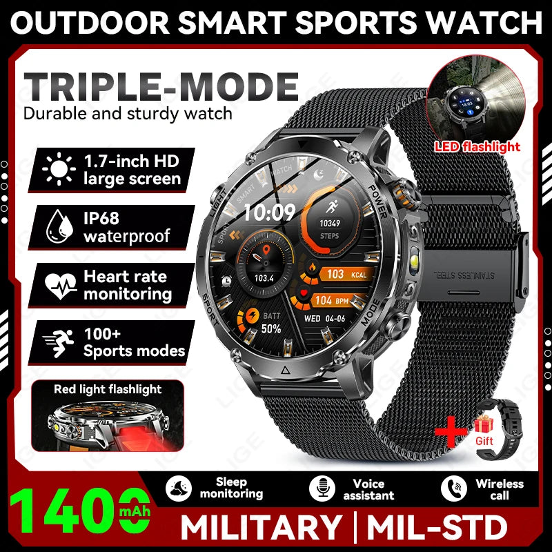 LIGE 2026 Military Smartwatch: IP68 waterproof with a massive 1400mAh battery.
