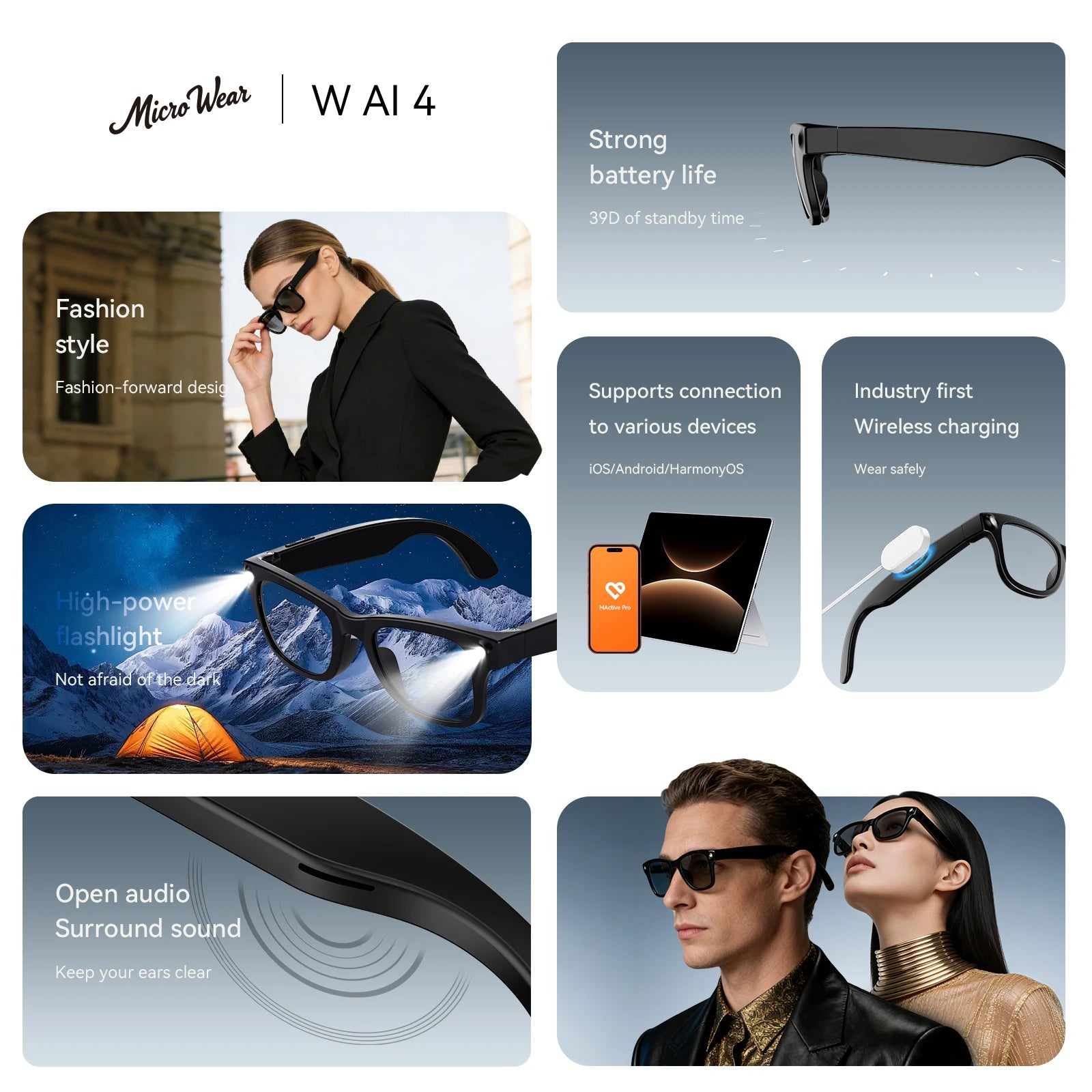 AI Smart Glasses 1300W Pixel 4K HD Camera Photo Video Recording Sunglasses Bluetooth Call Voice Assistant AI Translation glasses