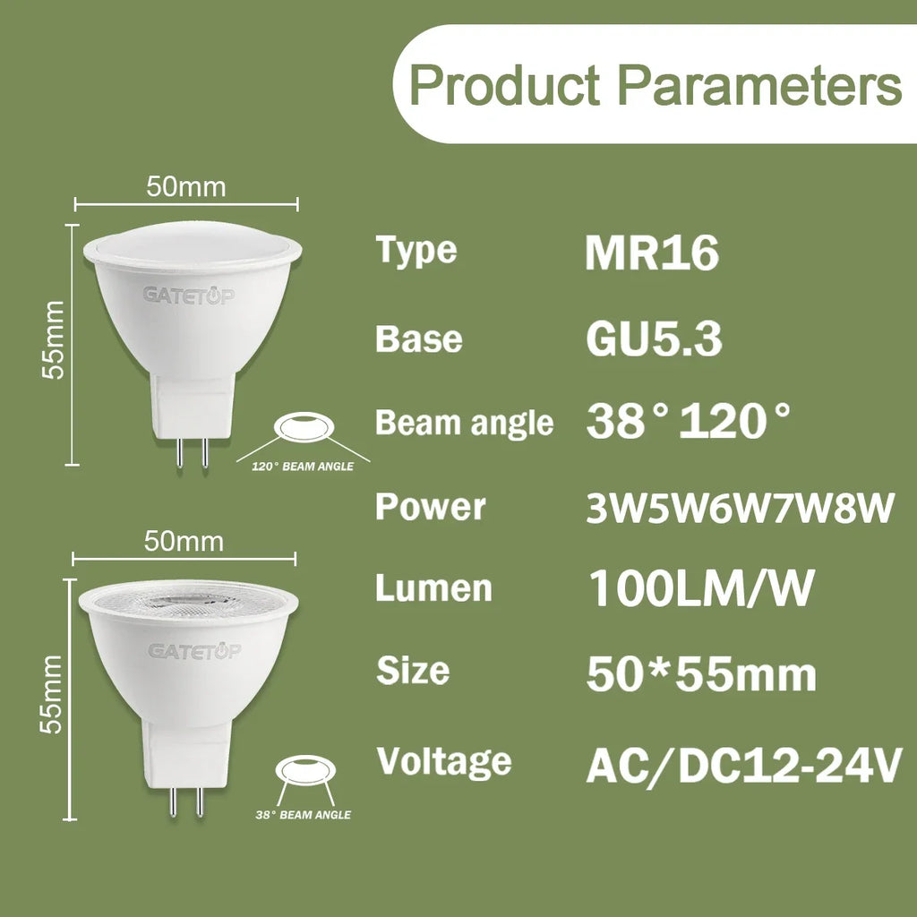 10Pack Focos LED GU5.3 Bulb 3W 5W 6W 8W Lamps MR16 Low Pressure ACDC 12V 24V Spotlight Replace Halogen Lamps Home Foyer Lighting