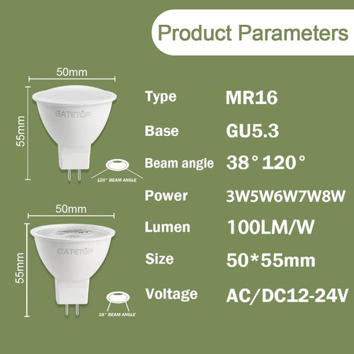 10-Pack GU5.3 LED MR16 Bulbs 3W–8W AC/DC 12V–24V Halogen Replacement Spotlights