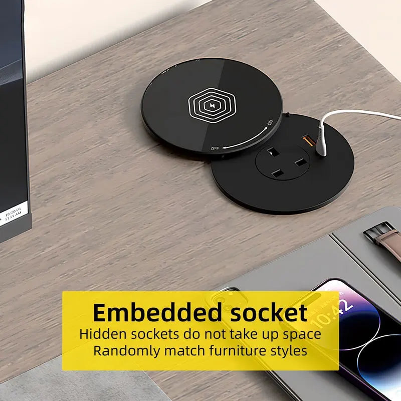 Desktop Embedded Universal Socket EU/US/UK with USB Type-C Charging Pop-Up Countertop Power Outlet (80cm Cord)