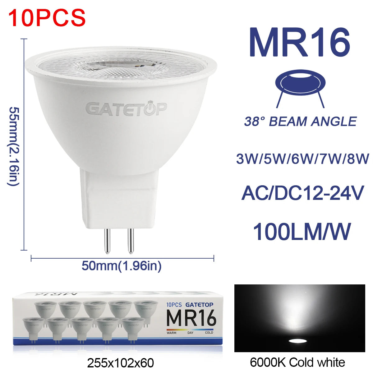 10-Pack GU5.3 LED MR16 Bulbs 3W–8W AC/DC 12V–24V Halogen Replacement Spotlights