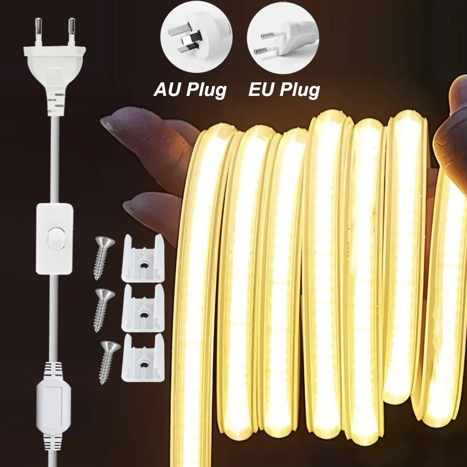 220V COB LED Strip Light 288LEDs/m Super Bright IP65 Waterproof with EU/AU ON/OFF Switch Plug for Hallways Stairs Windows