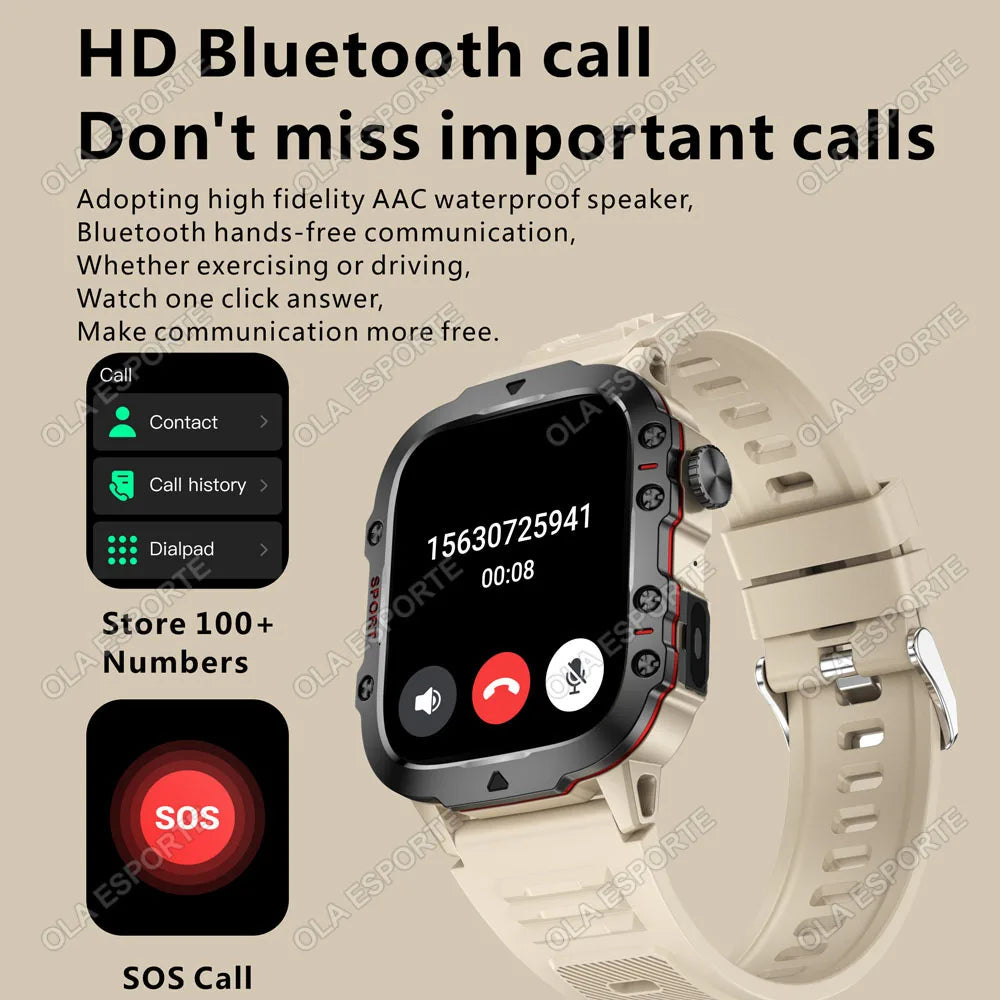 2025 Rugged Military Smart Watch Men's Outdoor Watch 2.01" HD Touch Screen Voice Bluetooth Call Sports Waterproof Smartwatch New