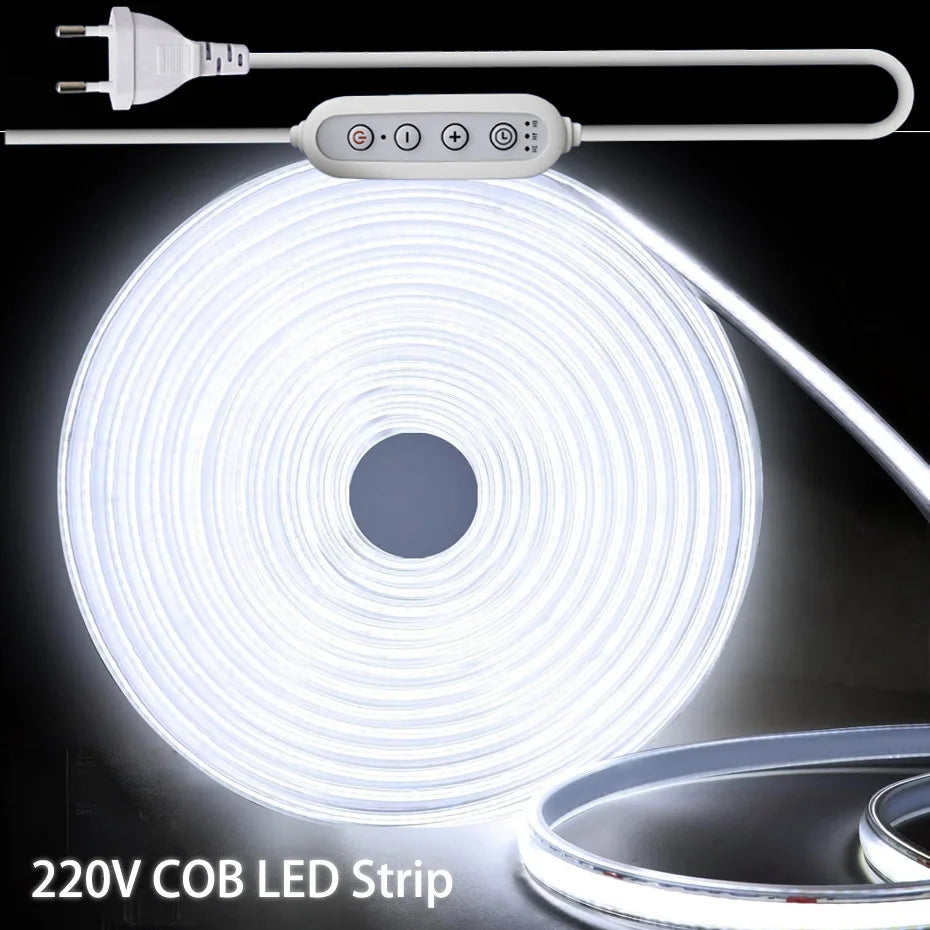 220V COB LED Strip Light 288LEDs/m IP65 Waterproof 1m-25m Flexible Tape with EU/AU/UK Plug & Timing Dimmer CW/NW/WW for Room