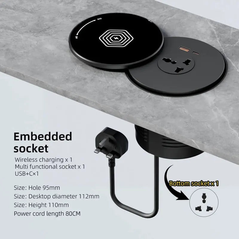 Desktop Embedded Universal Socket EU/US/UK with USB Type-C Charging Pop-Up Countertop Power Outlet (80cm Cord)