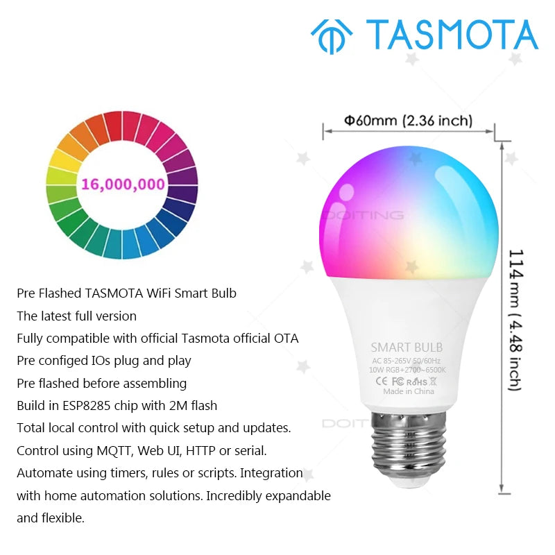 PRE Flashed TASMOTA WIFI Smart Colour Change LED Bulb Lamp 10W E27 ESP8285 Works With Home Assistant 110V 220V