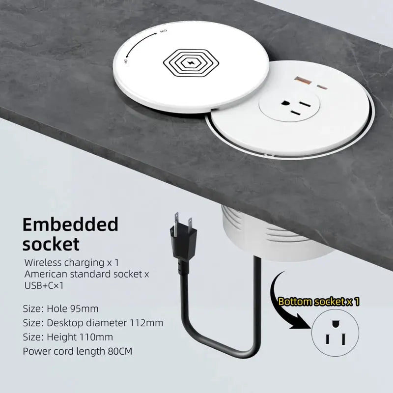 Desktop Embedded Universal Socket EU/US/UK with USB Type-C Charging Pop-Up Countertop Power Outlet (80cm Cord)