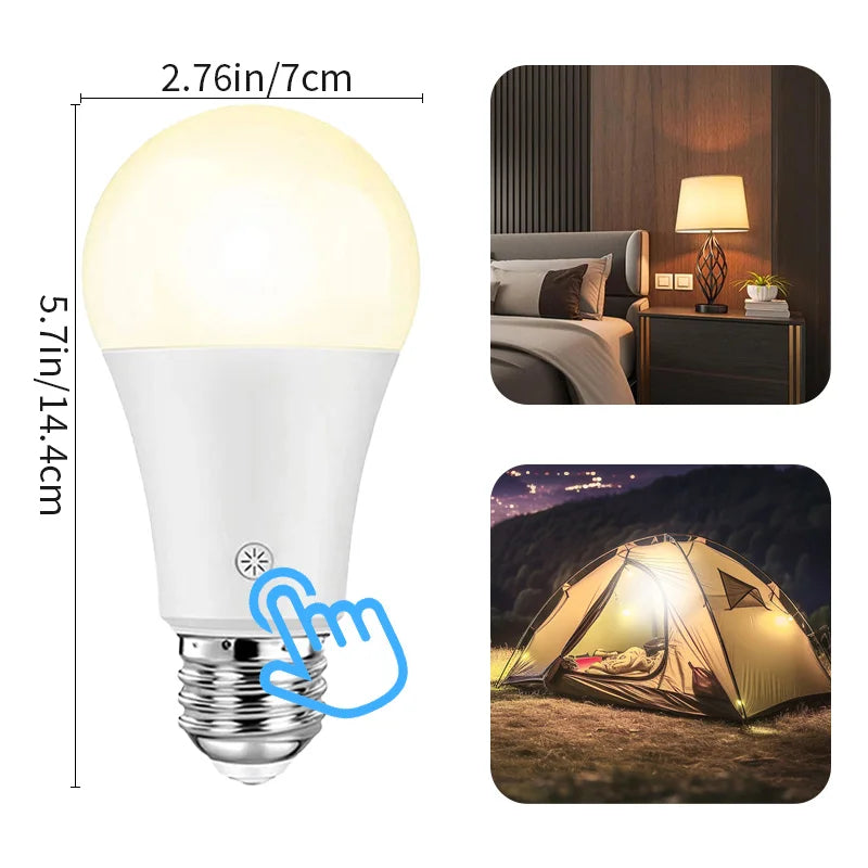 Rechargeable LED bulb, powered by E26 battery, with remote control and touch dimming, suitable for wall lights/outdoor/bedroom