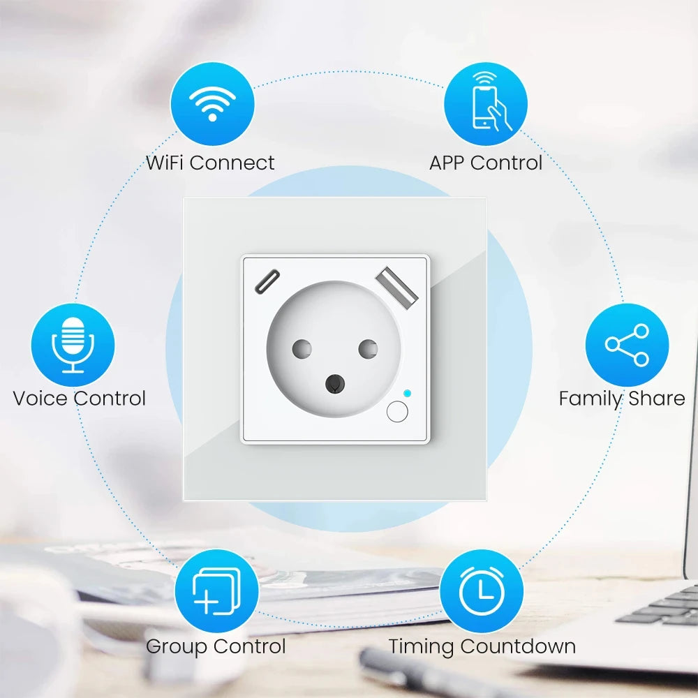 Melery Tuya WiFi Smart Israel Wall Socket EU Power Plug Outlet USB Type-C PD 20W Charge Port for Iphone Alexa Dot Google Home