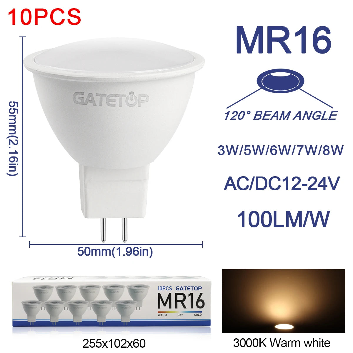 10Pack Focos LED GU5.3 Bulb 3W 5W 6W 8W Lamps MR16 Low Pressure ACDC 12V 24V Spotlight Replace Halogen Lamps Home Foyer Lighting