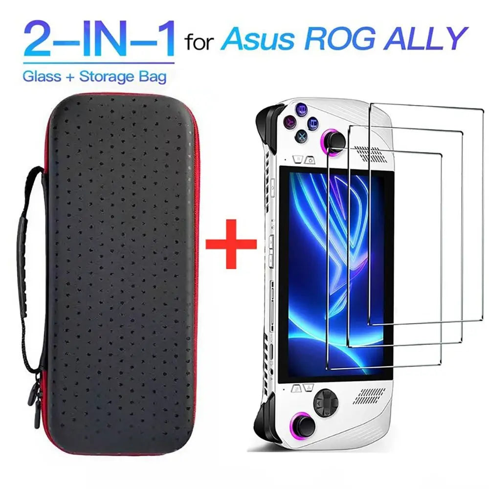 Shockproof EVA Hard Carrying Case and Screen Protector for ASUS ROG Ally Handheld Console.