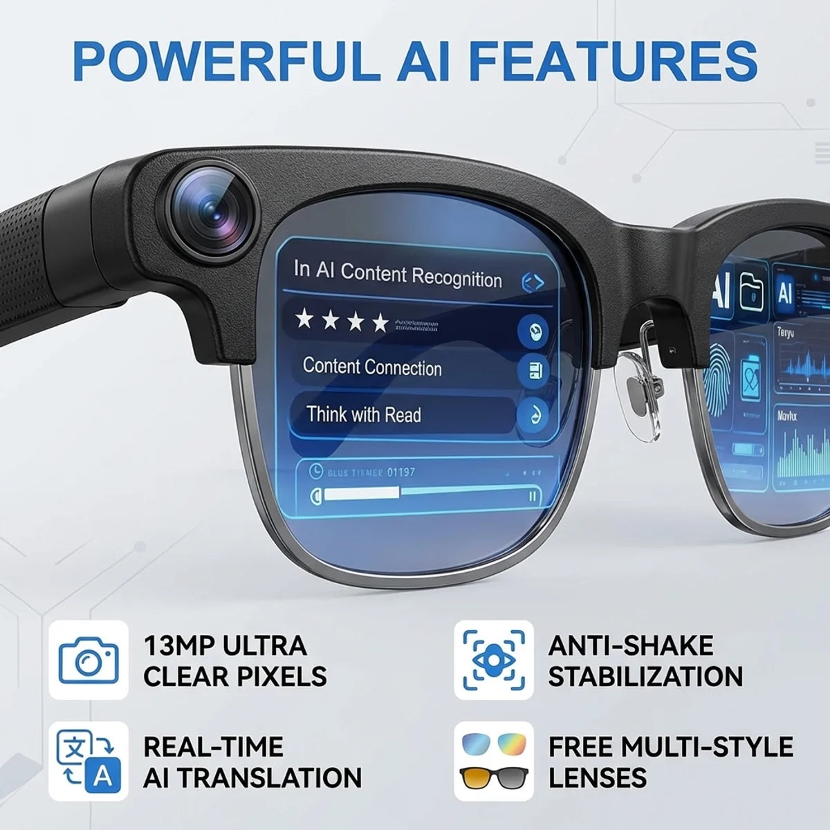 AI Smart Glasses 1300W Pixel 4K HD Camera Photo Video Recording Sunglasses Bluetooth Call Voice Assistant AI Translation glasses