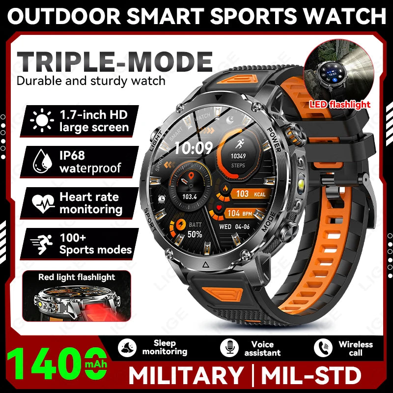 LIGE 2026 Military Smartwatch: IP68 waterproof with a massive 1400mAh battery.