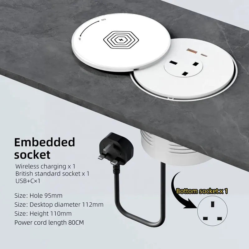 Desktop Embedded Universal Socket EU/US/UK with USB Type-C Charging Pop-Up Countertop Power Outlet (80cm Cord)