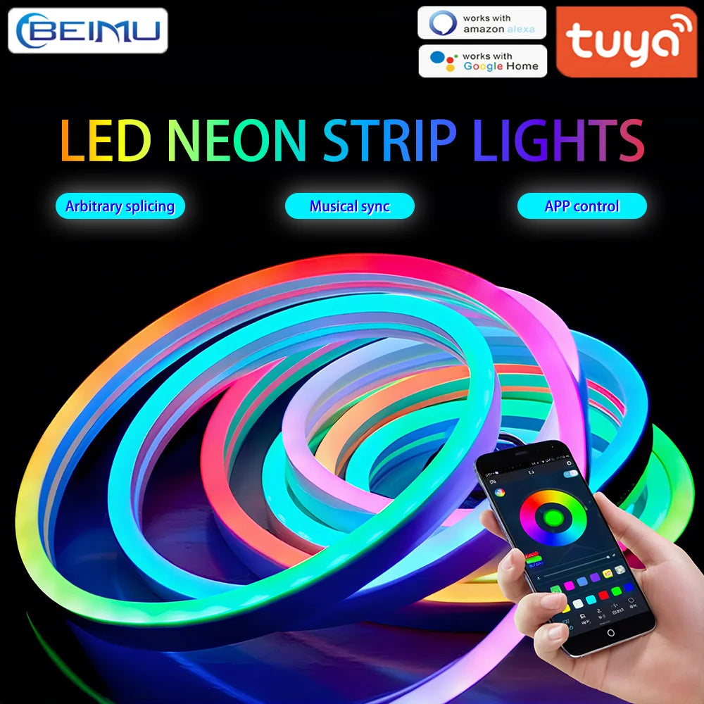 BEIMU TUYA WIFI LED Neon Strip Lights RGBIC Waterproof Voice Control Support Smart Life/Alexa For Home Outdoor Shop Decoration