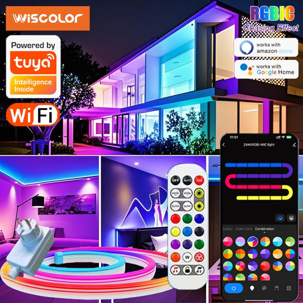 أضواء شريط LED نيون من Wiscolor WiFi RGBIC (TUYA Smart Life، تحكم صوتي، مقاومة للماء)