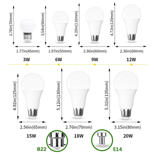 24PCS E27/E14/B22 LED Bulbs AC220V – 3W to 20W Home Lighting Lamps