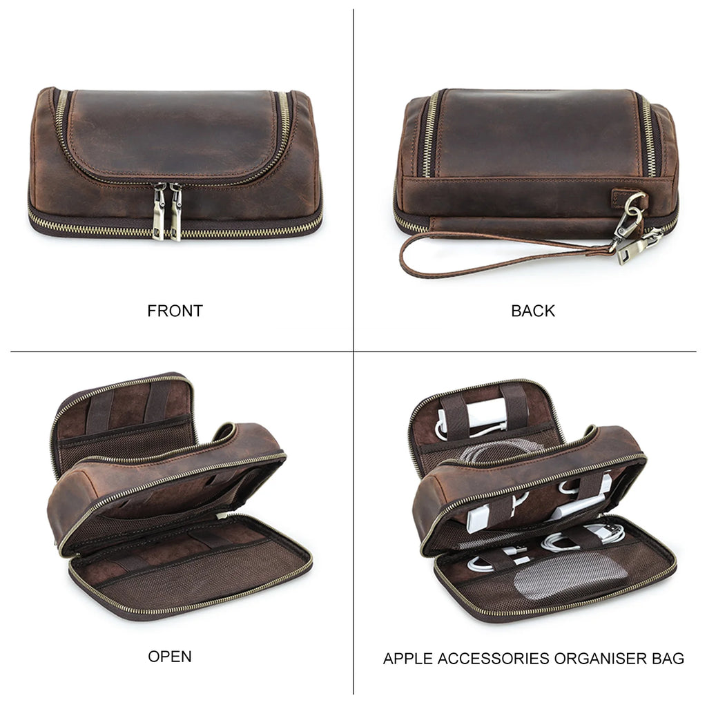 Cowhide Leather Men Clutch Bag Handbag for Earphone USB Data Cable Mouse Storage Travel Electronic Accessories Organizer