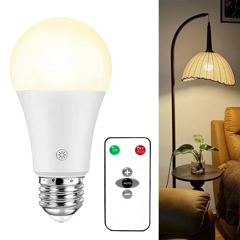 Rechargeable LED bulb, powered by E26 battery, with remote control and touch dimming, suitable for wall lights/outdoor/bedroom