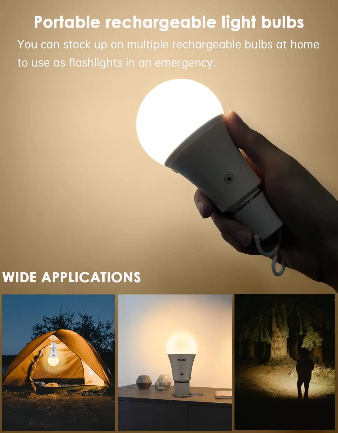 15W Rechargeable Light Bulbs with Remote,  Dimmable Battery Powered Light Bulbs,  A19 Emergency LED Light Bulbs, 2 Pac