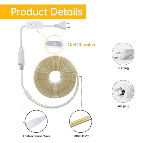 220V COB LED Strip Light 288LEDs/m IP65 Waterproof with Plug & Switch for Hallways & Stairs