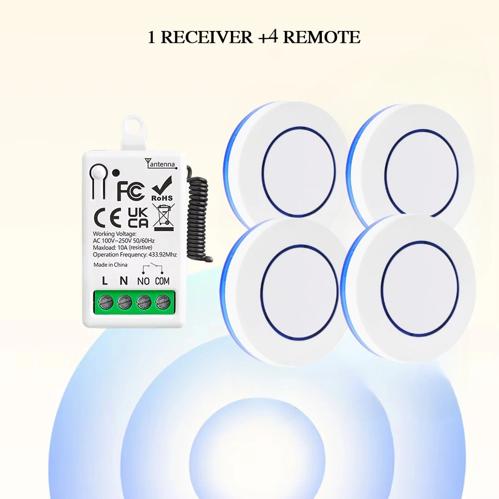 RF433MHz Wireless Relay Switch 110V/220V 10A – Mini Remote Control Module for Garage Door & Lights