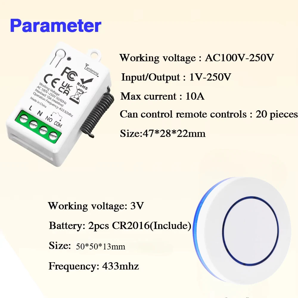 Dry Contact RF433MHz Wireless Remote Control Light Switch AC110V 220V 10A Mini Relay Module for Garage door home light LED Lamp