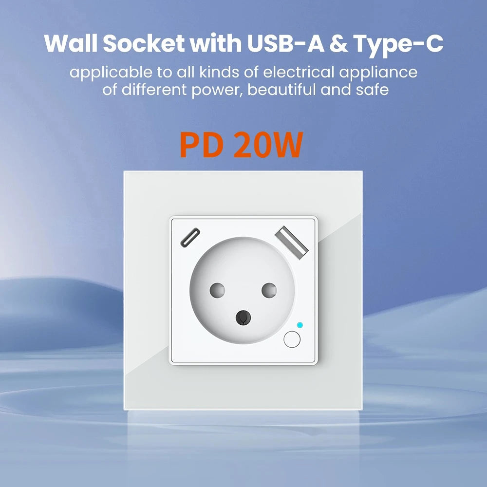 Melery Tuya WiFi Smart Israel Wall Socket EU Power Plug Outlet USB Type-C PD 20W Charge Port for Iphone Alexa Dot Google Home