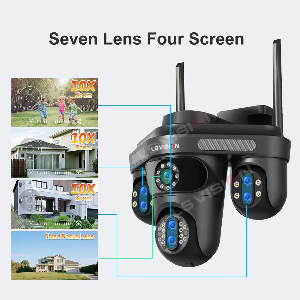 LS VISION 35MP 4 Screens WiFi IP Camera 10X Zoom  Wireless Outdoor 7 Lens PTZ 2 Way Audio Auto Tracking Surveillance Cameras