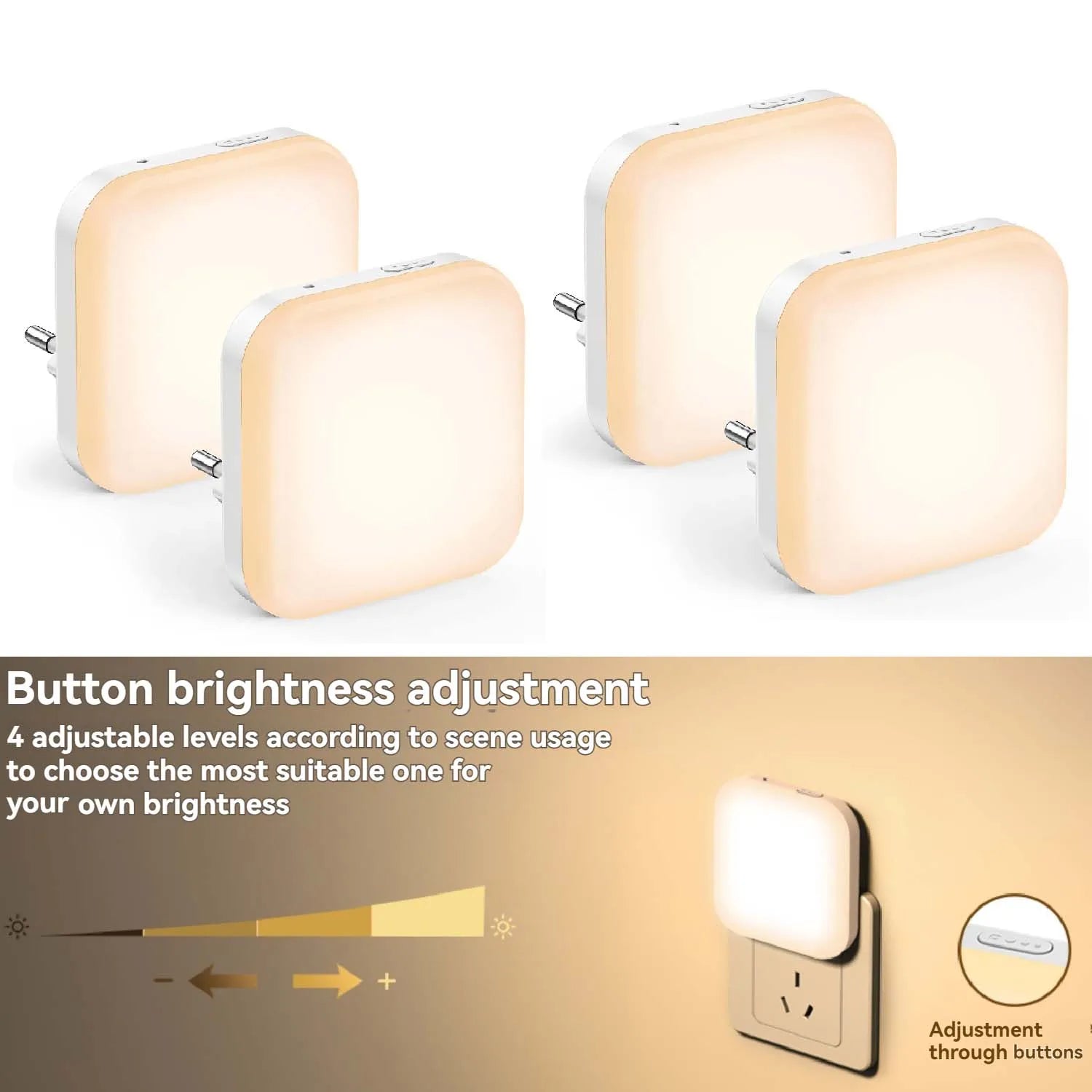 Dimmable LED Night Light with Auto Sensor – Warm Plug-in Light for Bedroom, Bathroom & Hallway