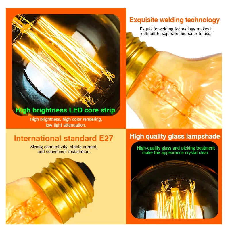 1–4PCS Vintage Edison Bulb E27 220V 40W ST64/G80/G95 Retro Filament Lamp