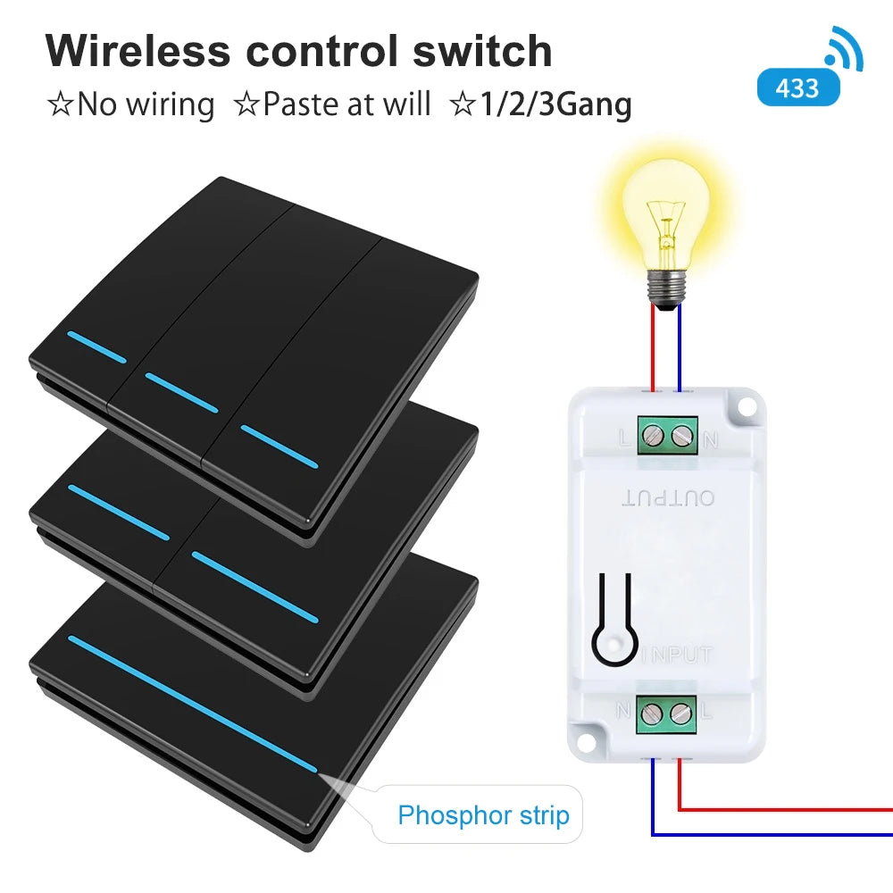 Remote 86 smart remote control switch AC110v 220v 10A relay LED lamp switch household RF433Mhz 1/2/3 gang wireless switch