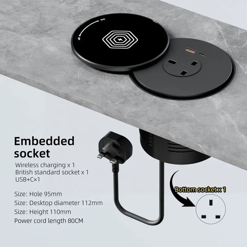 Desktop Embedded Universal Socket EU/US/UK with USB Type-C Charging Pop-Up Countertop Power Outlet (80cm Cord)