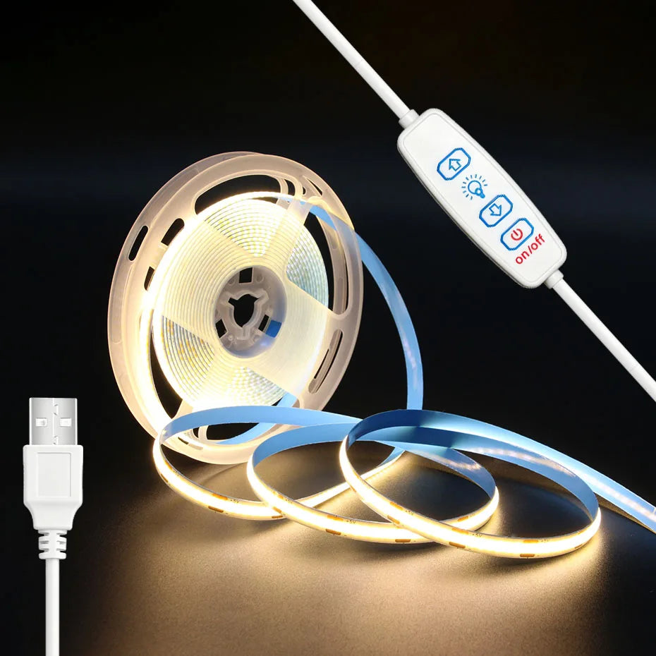 USB 5V COB LED Tape 320LEDs/m with 3Key Dimmer ON/OFF 1-5m 8mm High Density Flexible Ribbon for Room Kitchen Shelf Decor