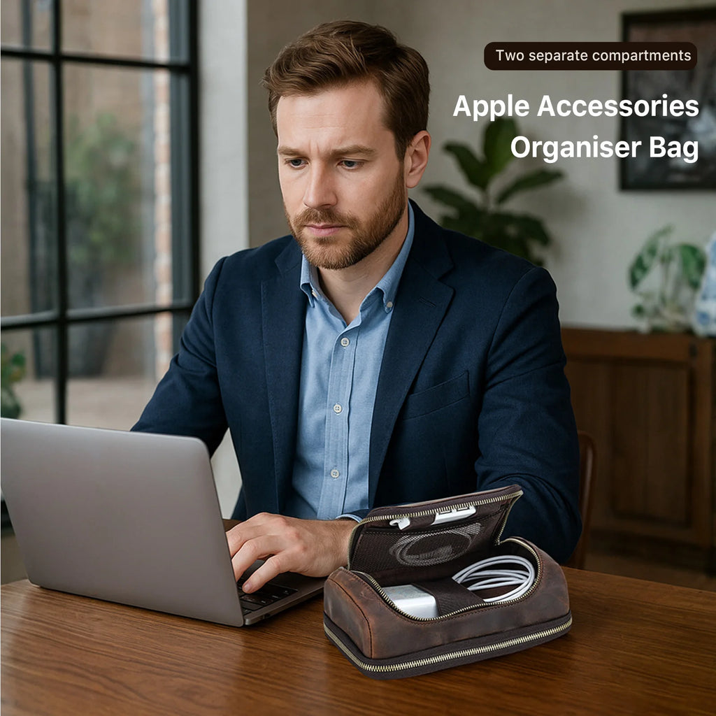 Cowhide Leather Men Clutch Bag Handbag for Earphone USB Data Cable Mouse Storage Travel Electronic Accessories Organizer