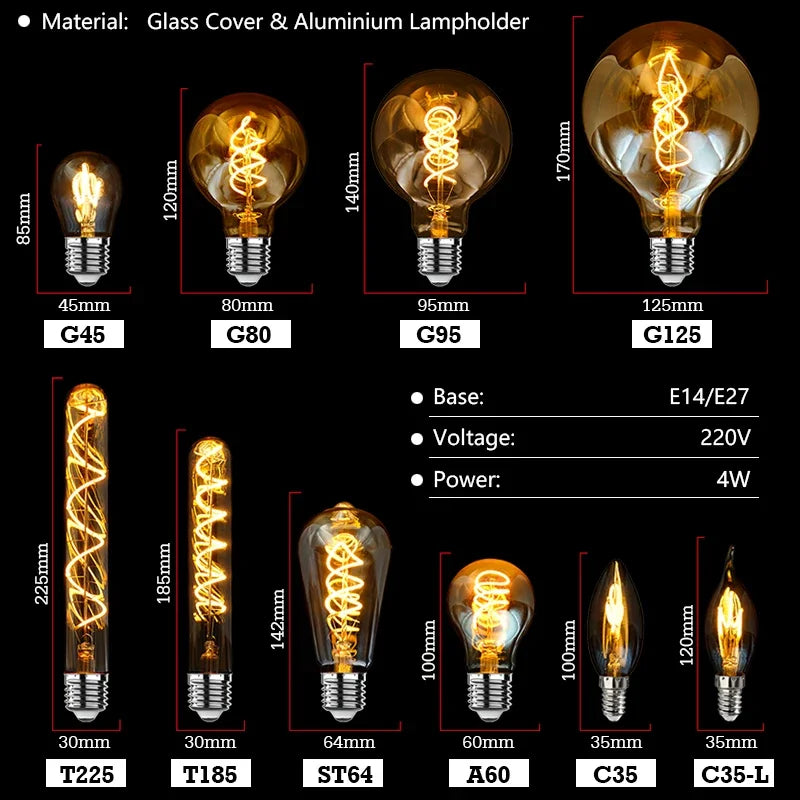 1-10pcs E14 E27 Retro LED Spiral Filament Light Bulb 4W Warm Yellow 220V C35 A60 T45 ST64 T185 T225 G80 G95 Vintage Edison Lamp