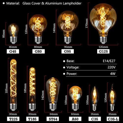1-10pcs E14 E27 Retro LED Spiral Filament Light Bulb 4W Warm Yellow 220V C35 A60 T45 ST64 T185 T225 G80 G95 Vintage Edison Lamp