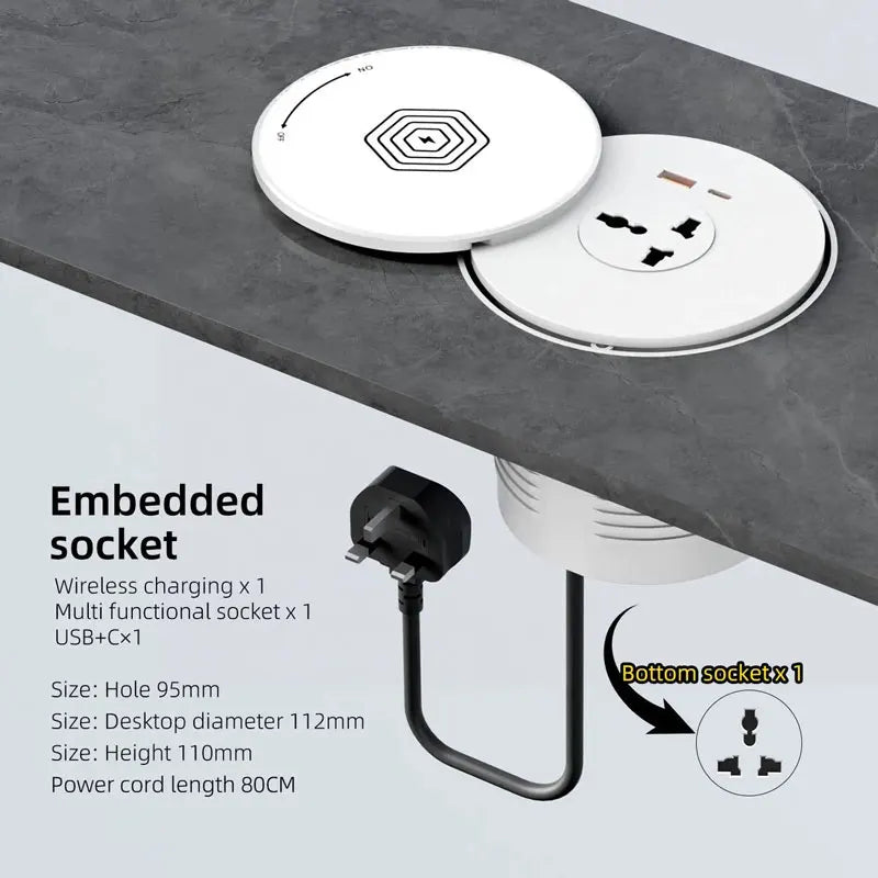 Desktop Embedded Universal Socket EU/US/UK with USB Type-C Charging Pop-Up Countertop Power Outlet (80cm Cord)