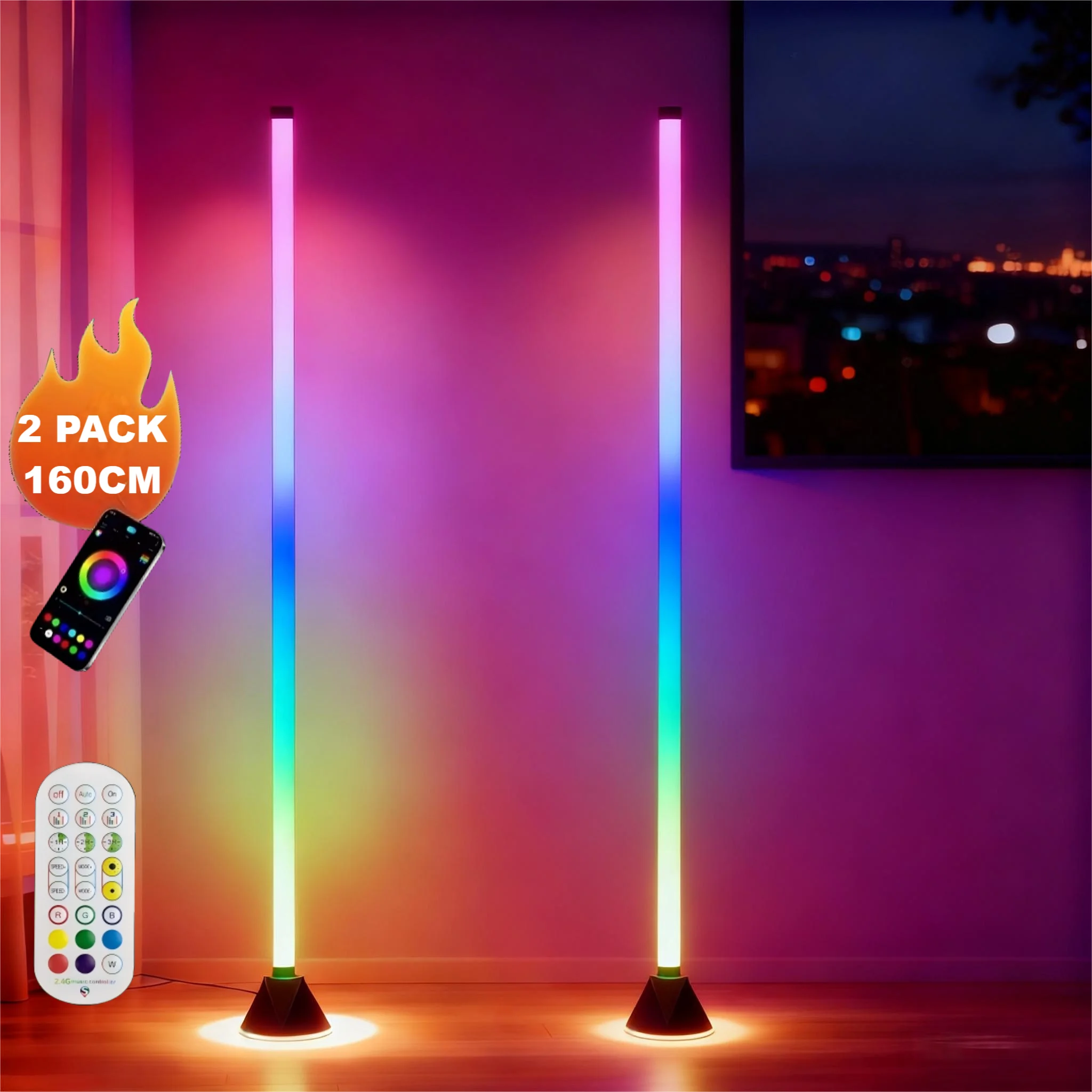 2-Pack RGBIC Corner Floor Lamp – Smart APP & Music Sync Standing Lights for Bedroom