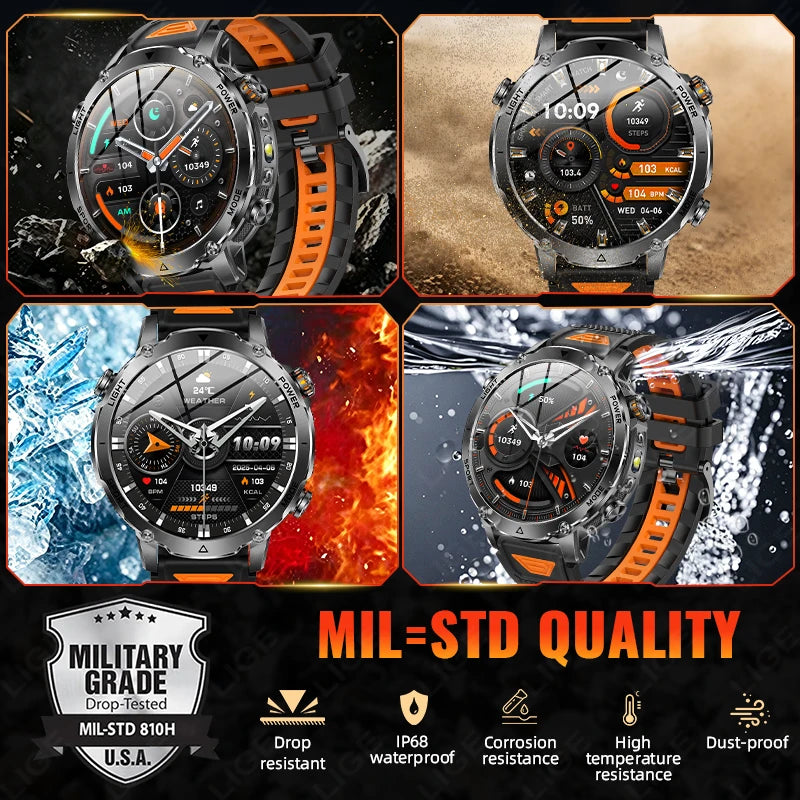 LIGE 2026 Military 1400mAh Battery Smart Watch Men Outdoor Flashlight IP68 Waterproof Heart Rate Bluetooth Call Sports Bracelet
