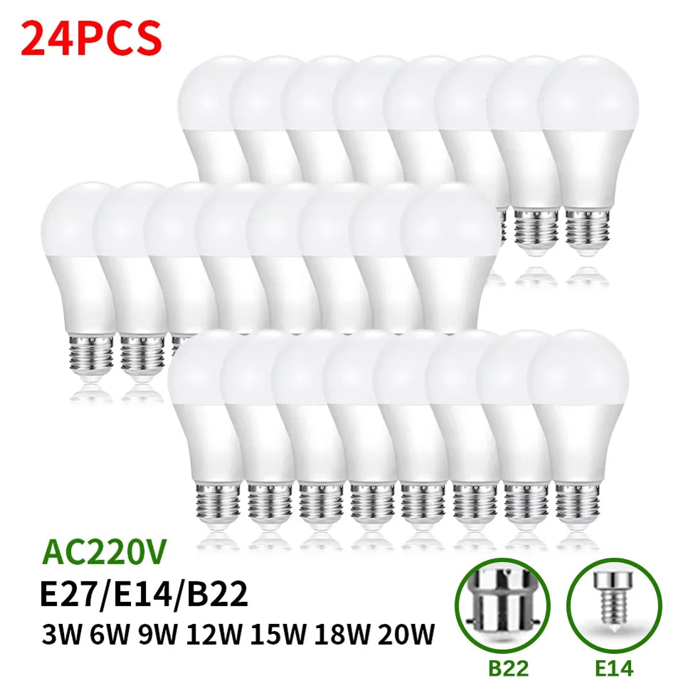 24pcs LED Bulb Lamps E27 E14 B22 AC220V Light Bulb 20W 18W 15W 12W 9W 6W 3W Lampada Living Room Home LED Bombilla
