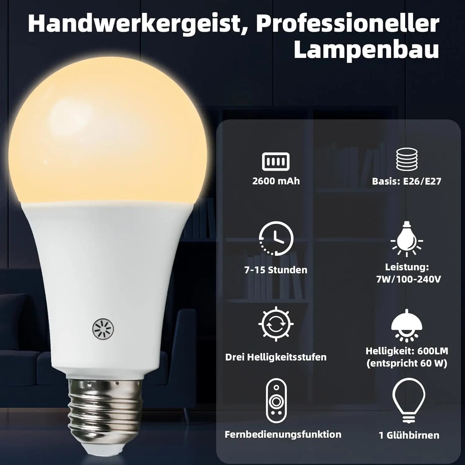 15W Rechargeable Light Bulb with Remote Control Dimmable Battery Powered Light Bulbs,  A19 Emergency LED Light Bulbs, Up to 12 H