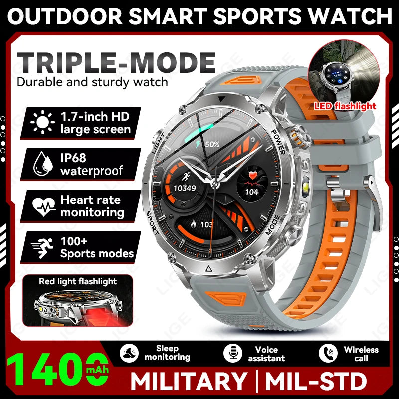 LIGE 2026 Military Smartwatch: IP68 waterproof with a massive 1400mAh battery.