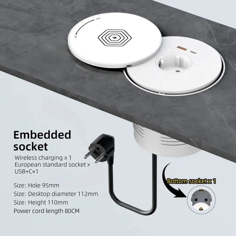 Desktop Embedded Universal Socket EU/US/UK with USB Type-C Charging Pop-Up Countertop Power Outlet (80cm Cord)