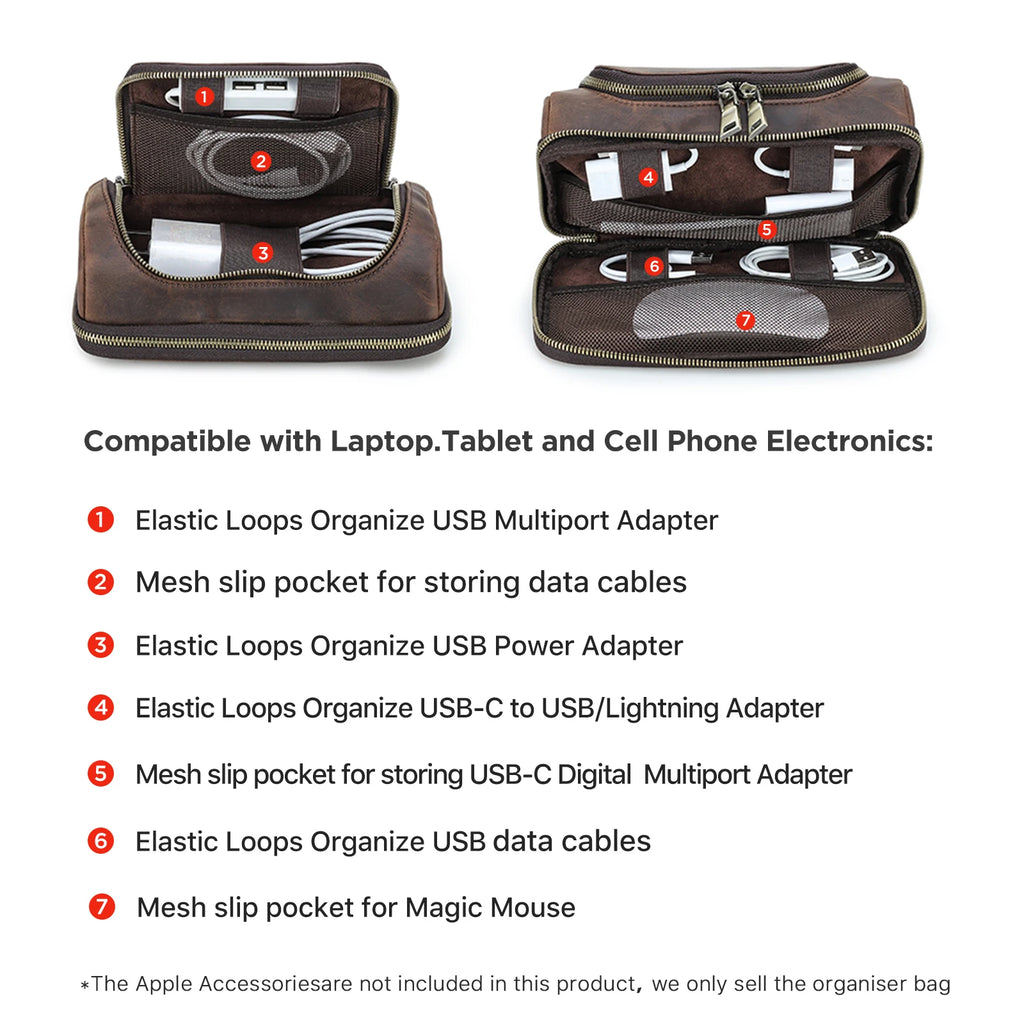 Cowhide Leather Men Clutch Bag Handbag for Earphone USB Data Cable Mouse Storage Travel Electronic Accessories Organizer