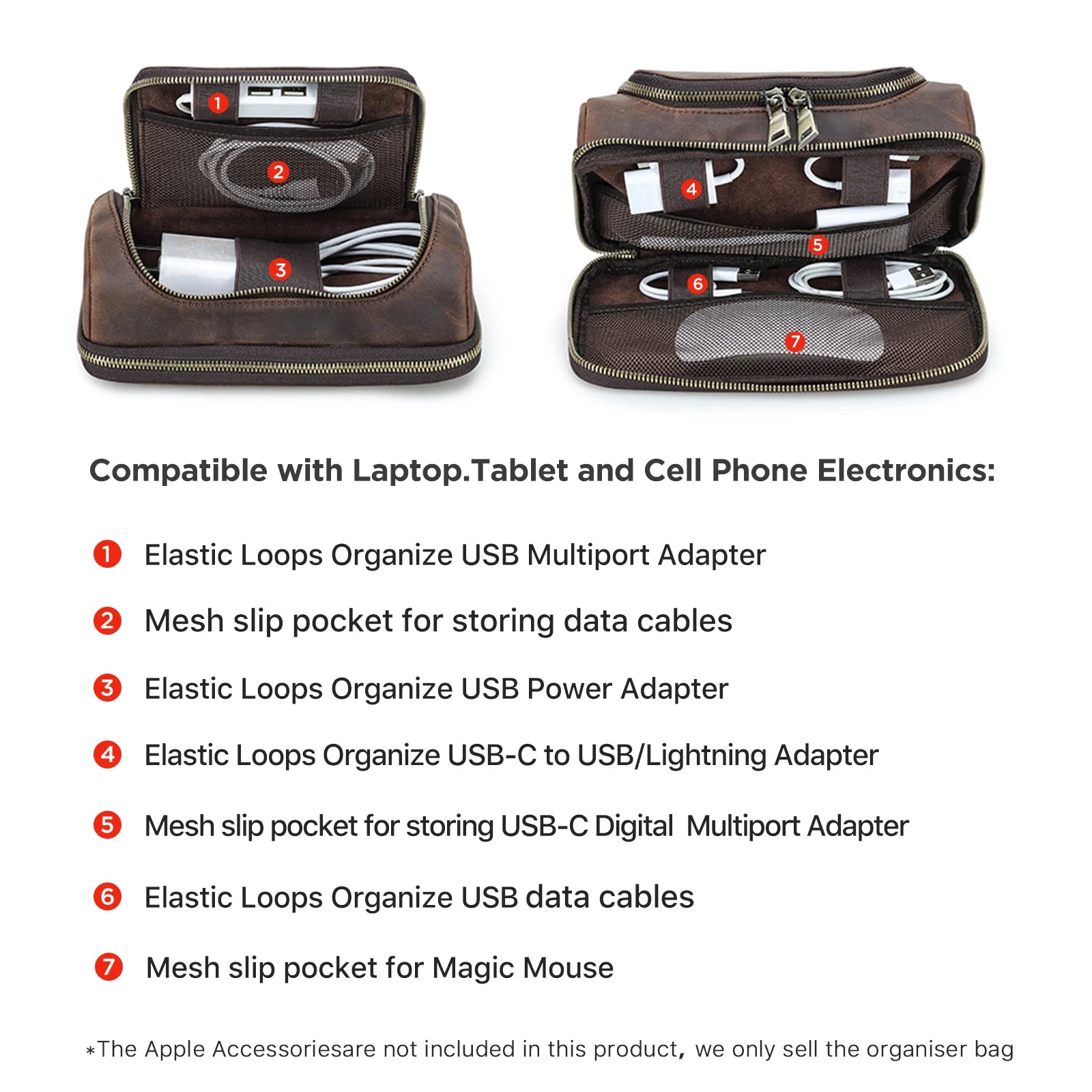 Cowhide Leather Men Clutch Bag Handbag for Earphone USB Data Cable Mouse Storage Travel Electronic Accessories Organizer